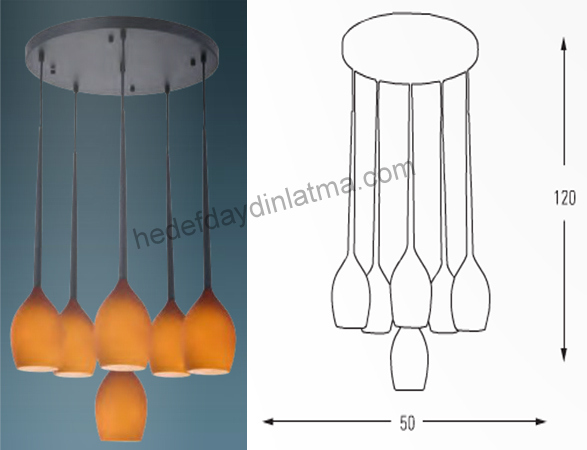 6x Orange Opal Glass Chandelier